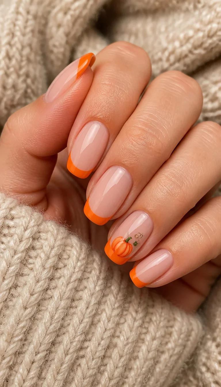 close-up shot of a woman’s hand with five fingers showing French tip nails with vibrant orange tips and a subtle pumpkin design on one nail, cozy wool sweater background.