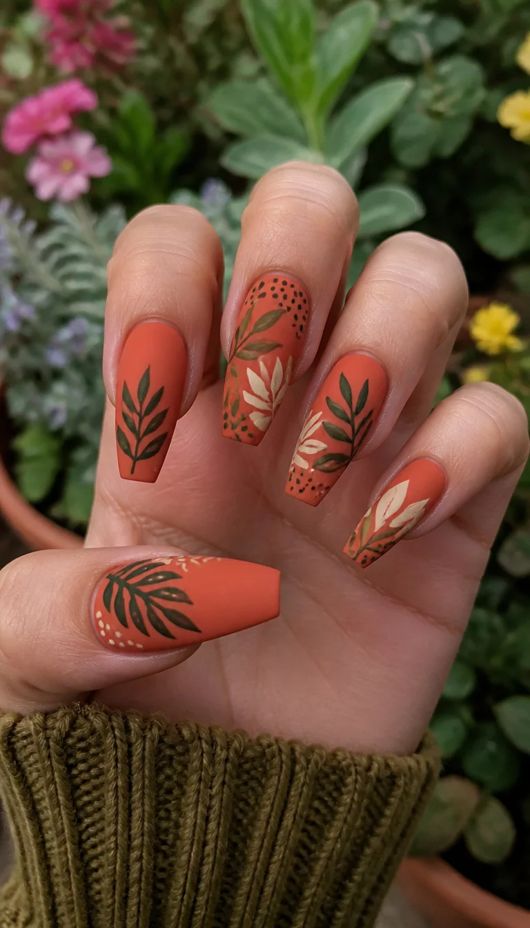 close-up shot of a woman’s hand with five fingers showing tapered, coffin-shaped nails with a matte burnt orange base, accented with abstract leaf and green foliage nail art, garden background.