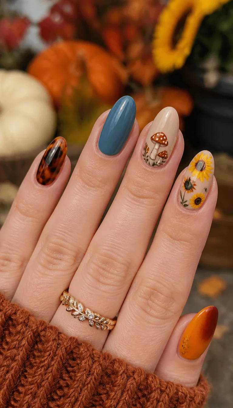 close-up shot of a woman’s hand with five fingers showing a mix of tortoiseshell, blue, mushroom, sunflowers, and orange gradient tips, colorful fall background.