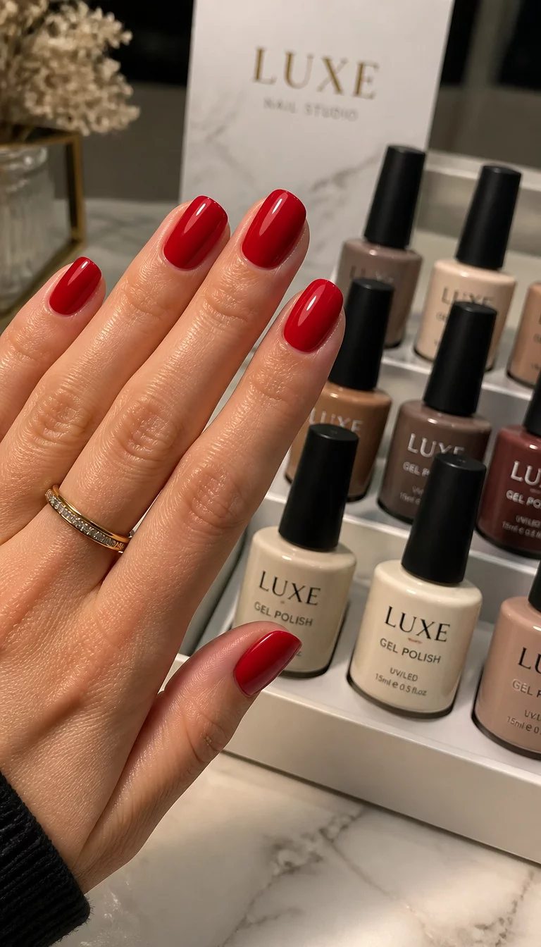 close-up shot of a woman’s hand with five fingers showing solid red nails alongside a palette of gel polish bottles in cream and brown shades, professional nail salon setting.