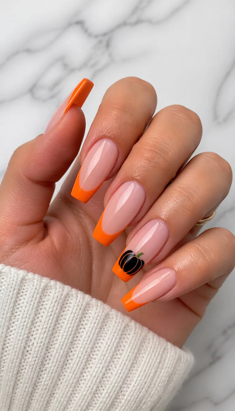 close-up shot of a woman’s hand with five fingers showing long, coffin-shaped French tip nails with an orange French tip and a small black pumpkin design with a green stem on one nail, white marble background.