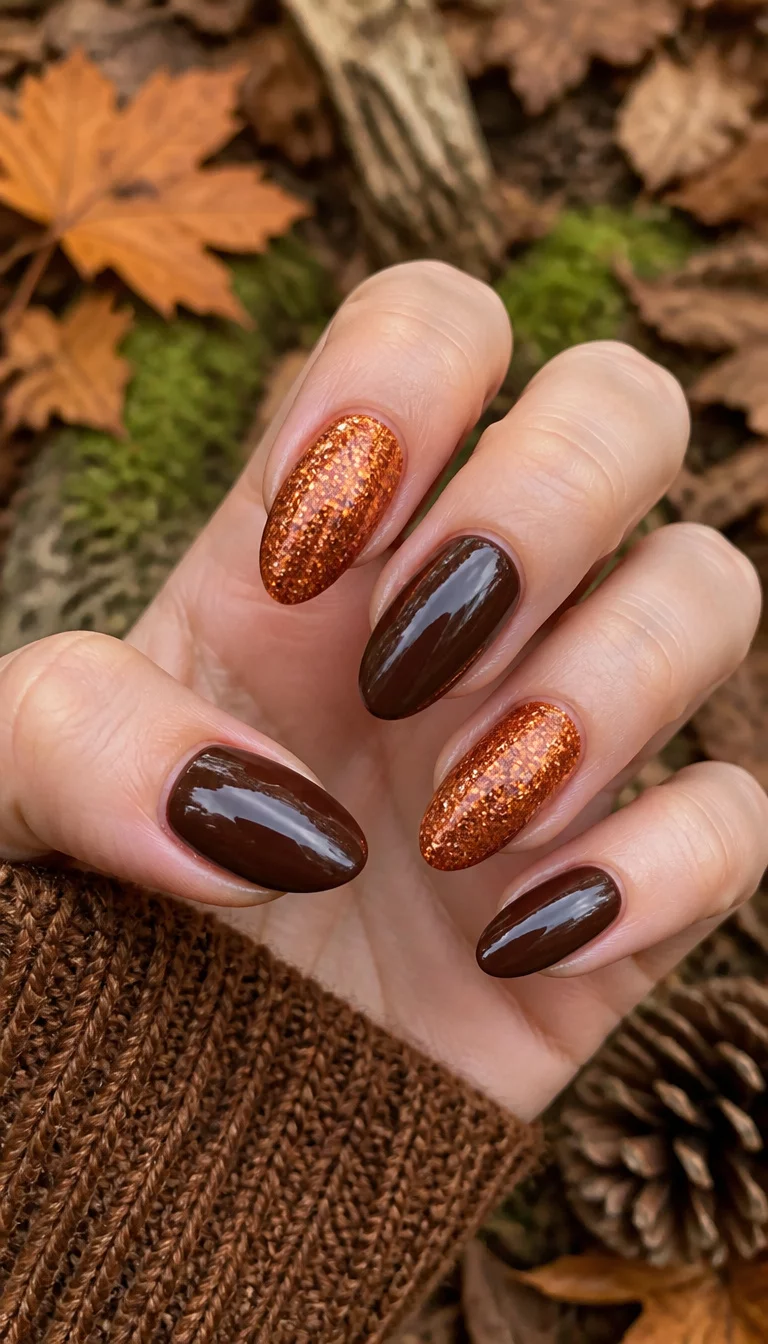 close-up shot of a woman’s hand with five fingers showing almond-shaped nails in a mix of glossy dark brown and sparkling orange glitter, forest floor background.