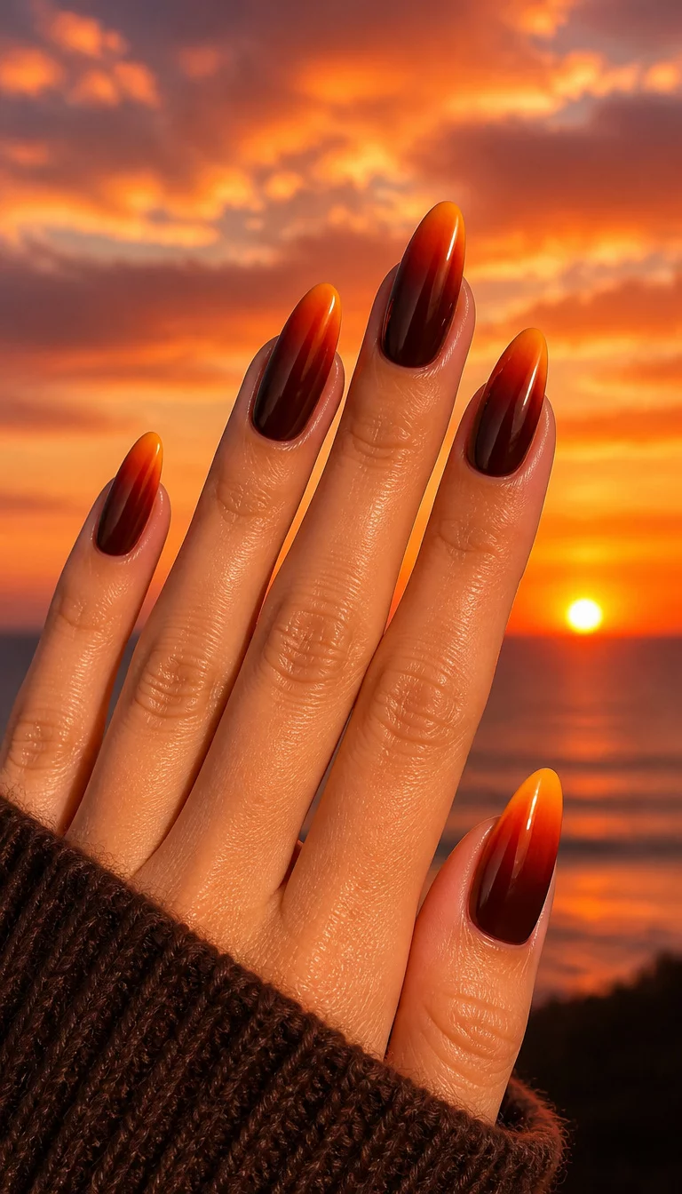 close-up shot of a woman’s hand with five fingers showing almond-shaped nails with a dramatic ombre effect transitioning from dark brown at the base to fiery orange at the tips, sunset sky background.