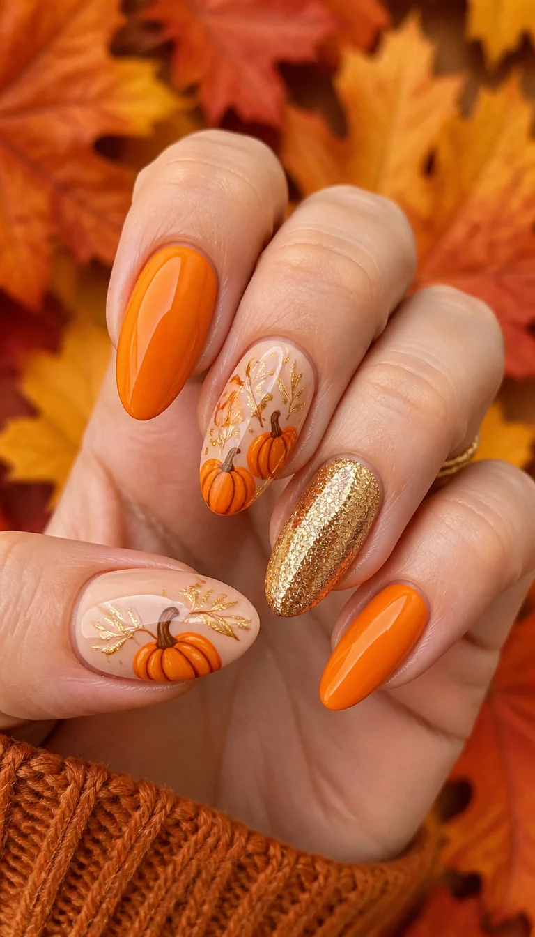 close-up shot of a woman’s hand with five fingers showing almond-shaped nails with orange pumpkin art on a neutral skin-tone base, solid bright orange nails, and gold glitter accents, autumn leaf background.