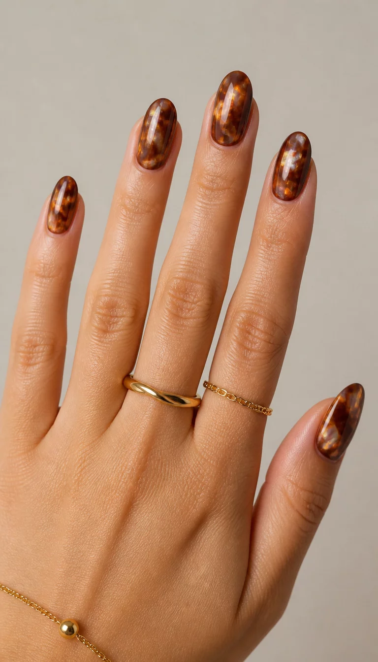 close-up shot of a woman’s hand with five fingers showing oval-shaped nails with a marbled, iridescent brown and orange design, plain background with minimalist jewelry.