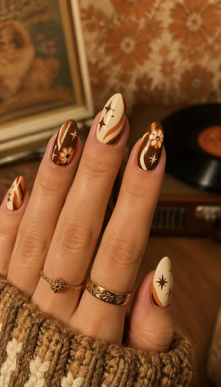 close-up shot of a woman’s hand with five fingers showing almond-shaped nails with a retro-inspired design featuring wavy lines, stars, and floral accents in brown, cream, and burnt orange, vintage aesthetic background.