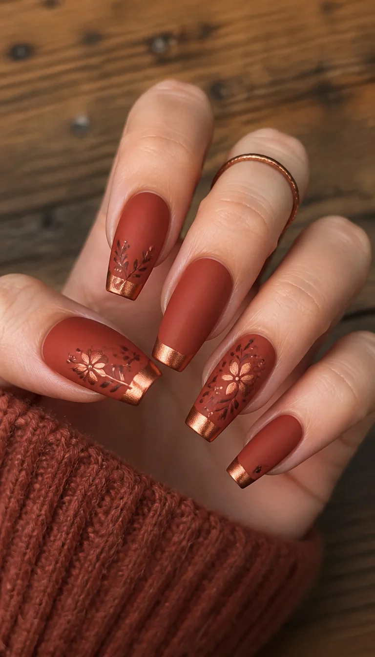close-up shot of a woman’s hand with five fingers showing matte, coffin-shaped nails in a deep terracotta color, accented with a metallic copper French tip and floral-inspired nail art, wooden table background.