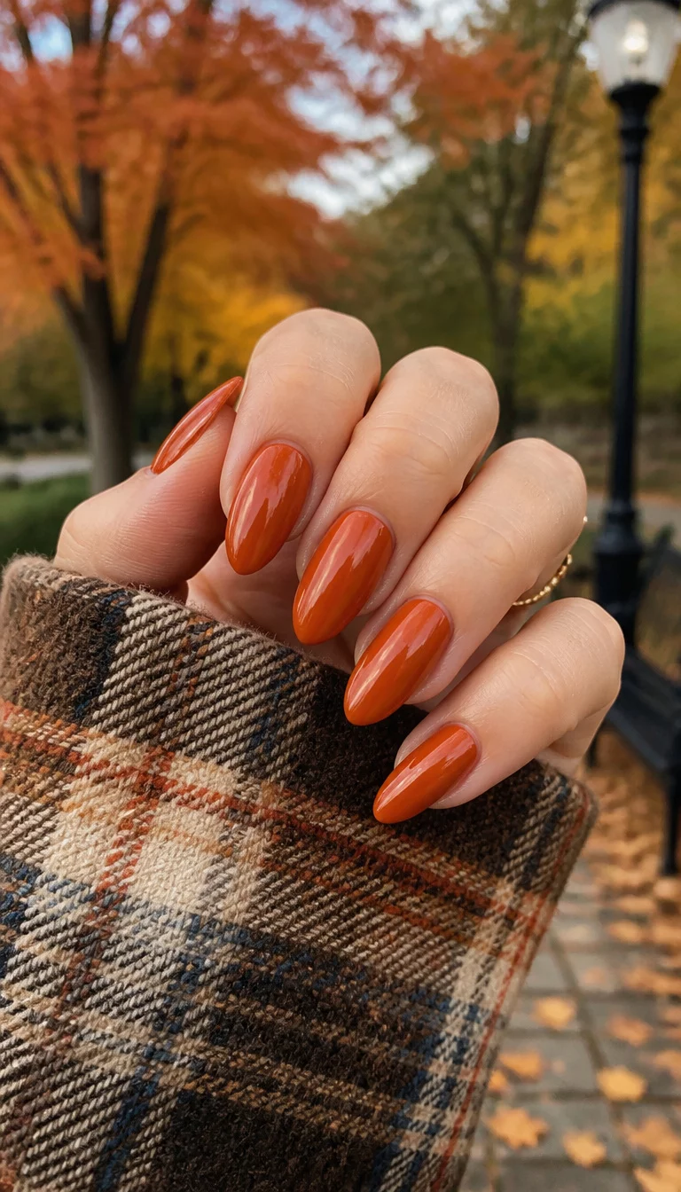 close-up shot of a woman’s hand with five fingers showing long, almond-shaped nails in a rich, glossy burnt orange color, worn with a cozy plaid-patterned sleeve, outdoor fall park background.