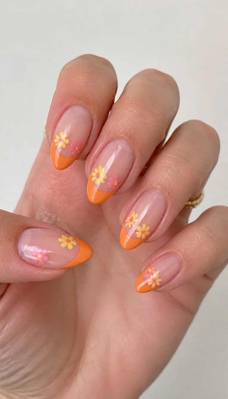 Floral French Twist close-up shot of a woman’s hand with five fingers showing nails with almond shaped nails with a French tip in orange and clear polish featuring small yellow and pink flower designs, against a light background.