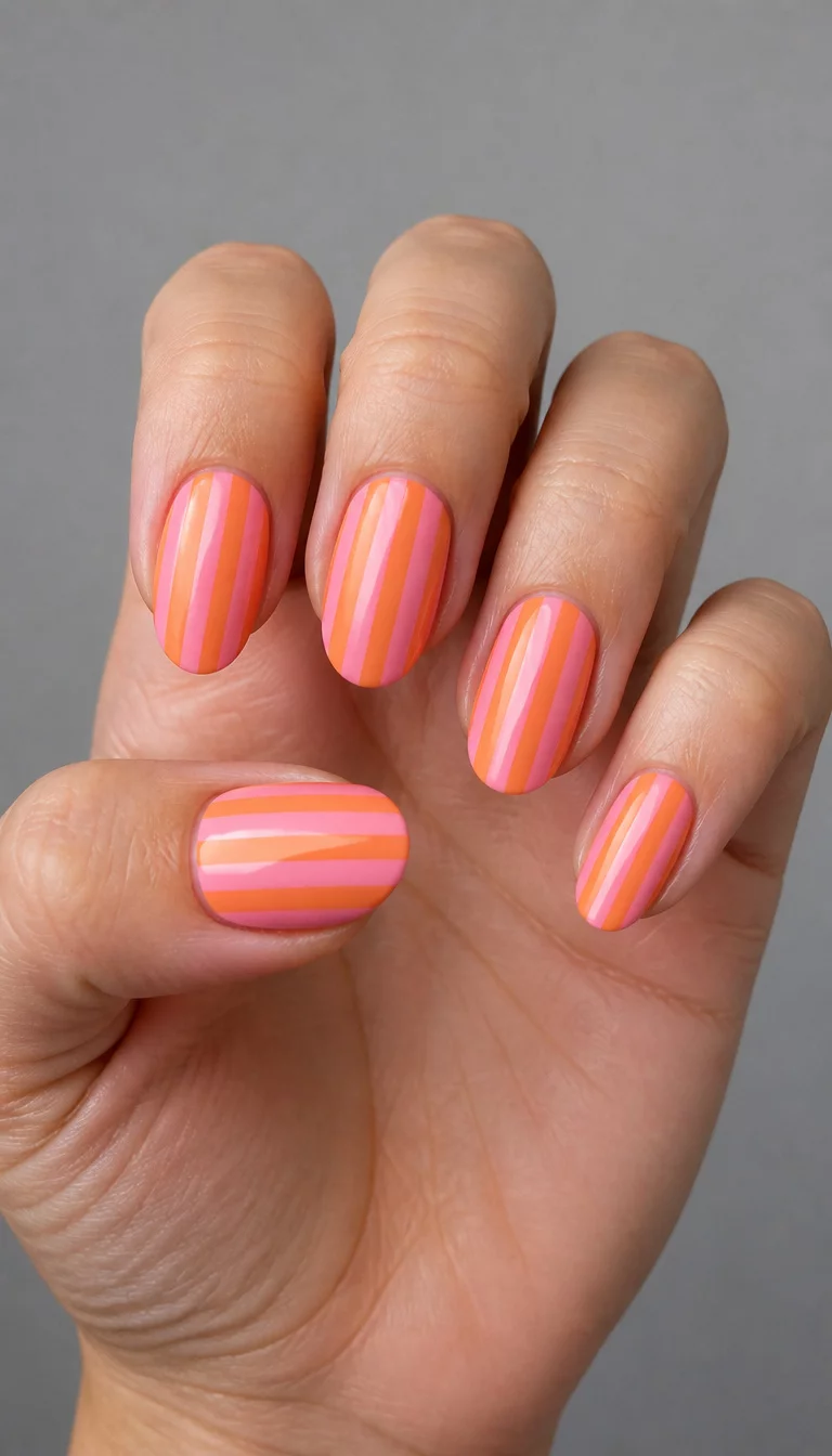 Vertical Stripe Sophistication close-up shot of a woman’s hand with five fingers showing nails with oval shaped nails with a pink and orange vertical stripe design, against a plain gray background.