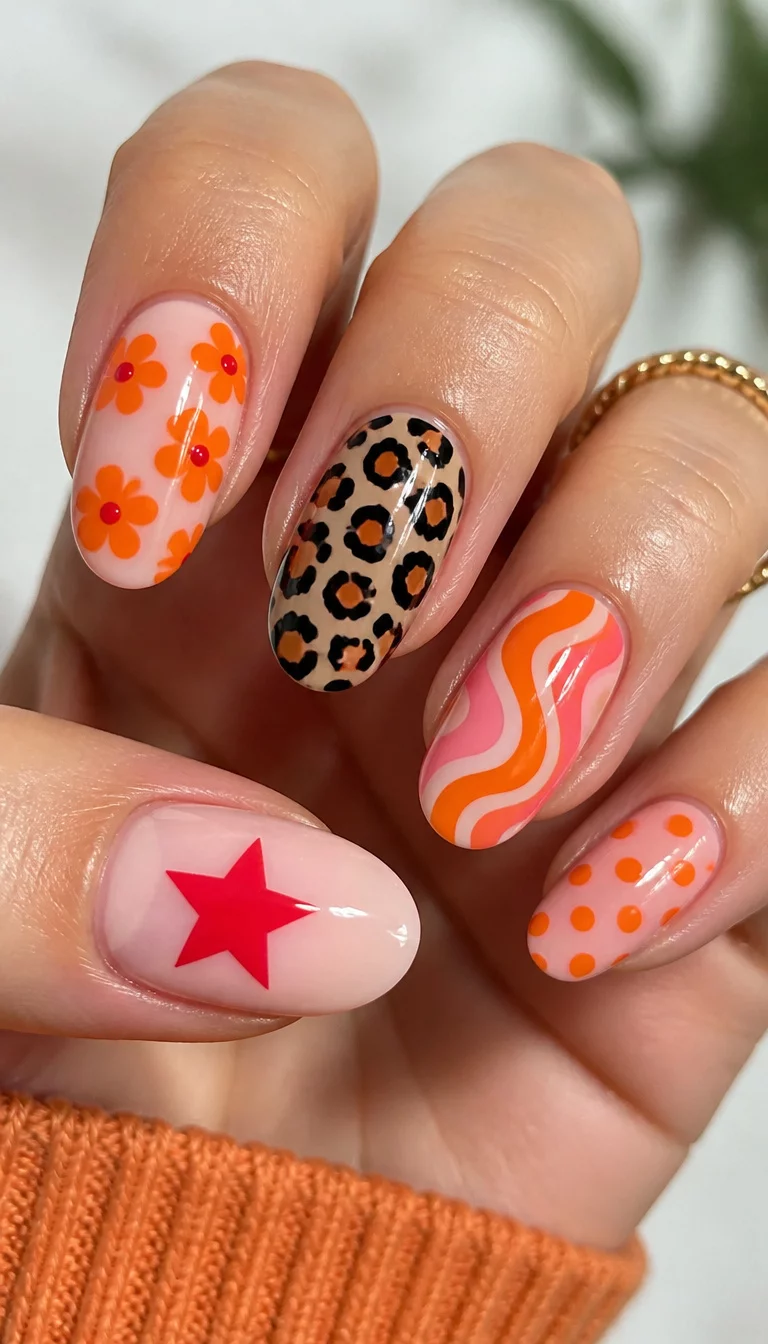 Playful Pattern Mashup close-up shot of a woman’s hand with five fingers showing nails with oval shaped nails and feature a variety of bright playful designs including orange flowers leopard print orange swirls polka dots and a red star.