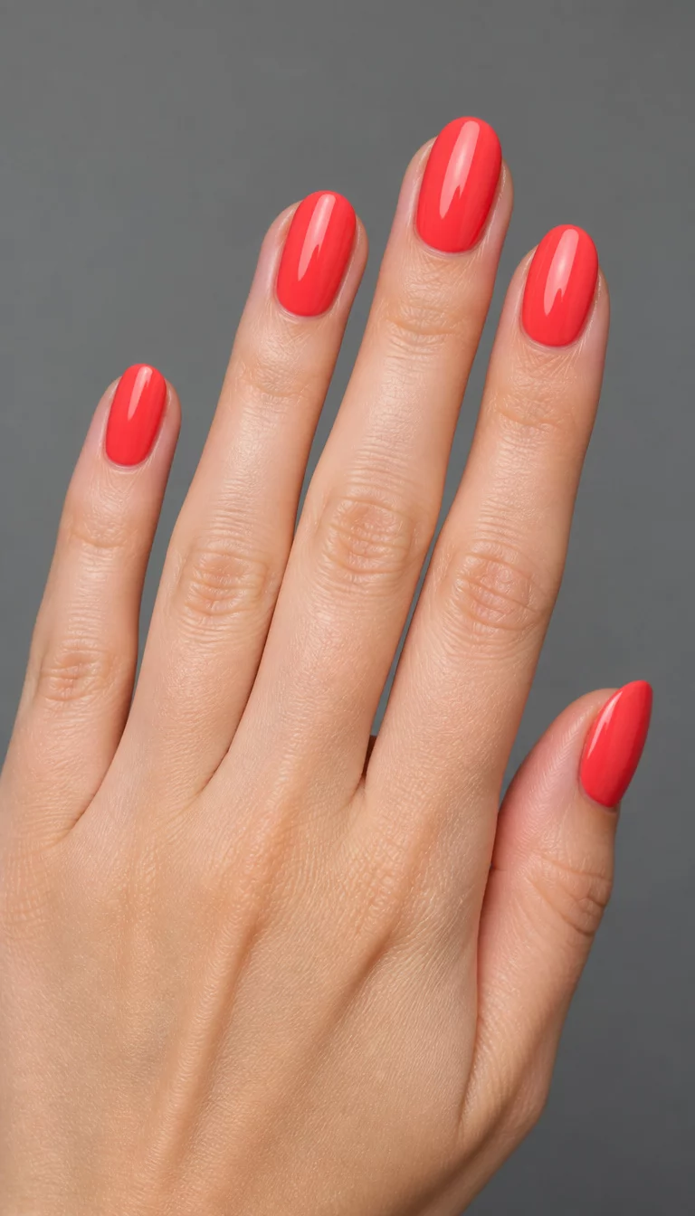 Bold Coral Red Elegance close-up shot of a woman’s hand with five fingers showing nails with oval shaped nails in a bright solid coral red color, with a plain gray background.