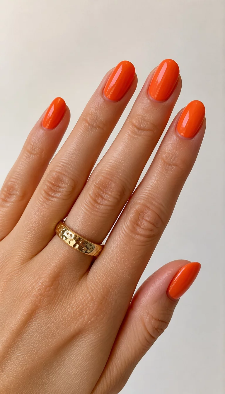 Textured Gold Accents close-up shot of a woman’s hand with five fingers showing nails with oval nails painted in a bright solid orange color, with a plain background and a textured gold ring.