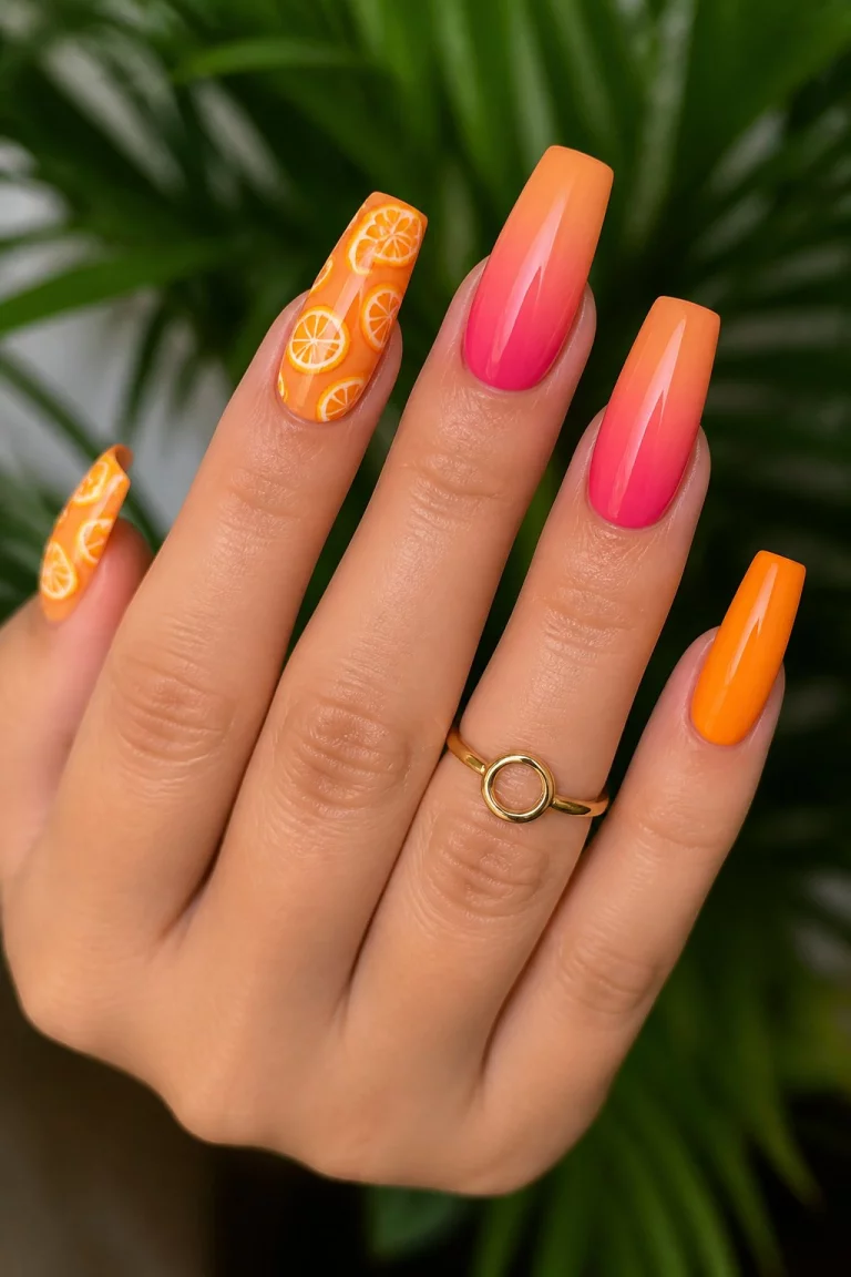 The Ultimate Variety Pack close-up shot of a woman’s hand with five fingers showing nails with three different nail styles orange with fruit slices orange to pink ombré coffin nails and orange nails with a gold ring.