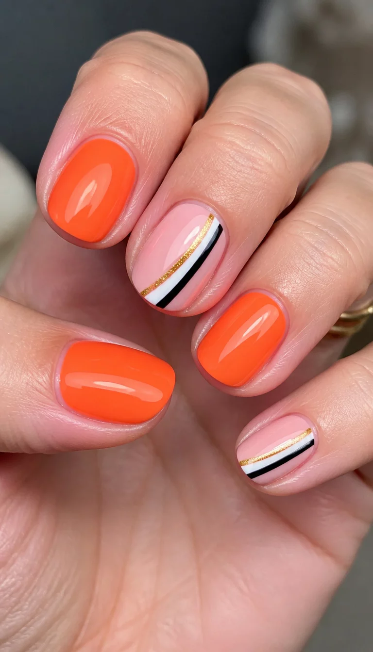 Graphic Geometric Play close-up shot of a woman’s hand with five fingers showing nails with short oval shaped nails with solid orange nails mixed with lighter pink nails featuring a white black and gold stripe design.