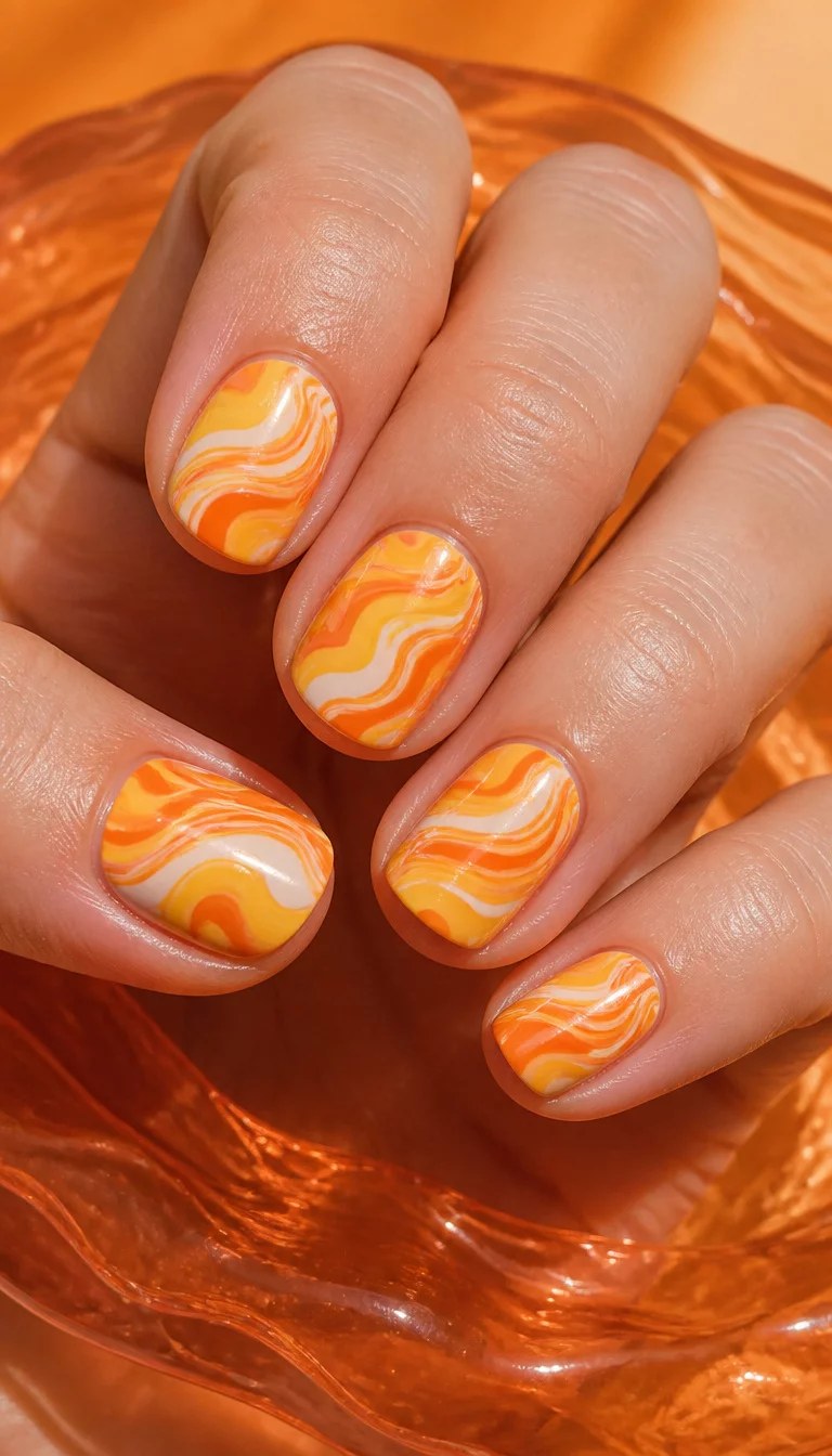 The Tangerine Swirl close-up shot of a woman’s hand with five fingers showing nails with short oval shaped nails with a swirling pattern of orange yellow and white polish, on a translucent orange surface.