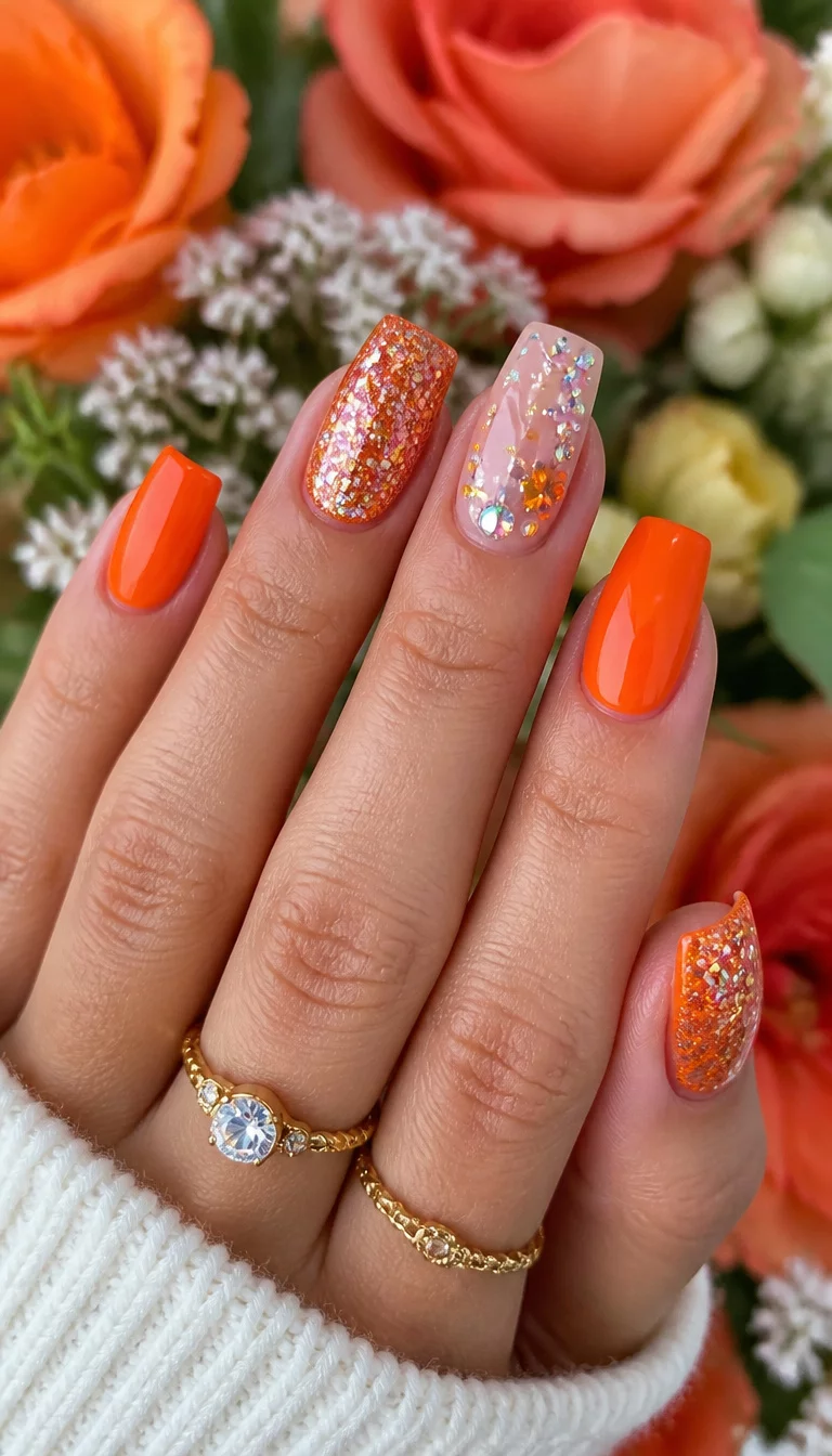 Floral Glitter Fusion close-up shot of a woman’s hand with five fingers showing nails with a mix of short coffin and square shapes some solid bright orange others with glitter and small gems, with a floral background.