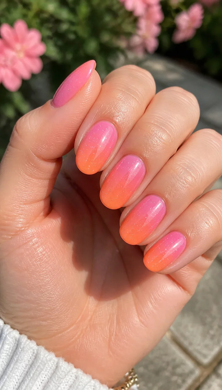 Gradient Sparkle Fantasy close-up shot of a woman’s hand with five fingers showing nails with oval shaped nails with a gradient of pink and orange adorned with tiny white sparkles, in an outdoor setting.