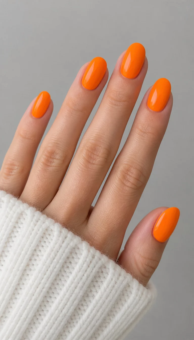 Soft Sweater Orange close-up shot of a woman’s hand with five fingers showing nails with oval shaped nails solid bright orange with a light gray background and a subtle white sweater sleeve.