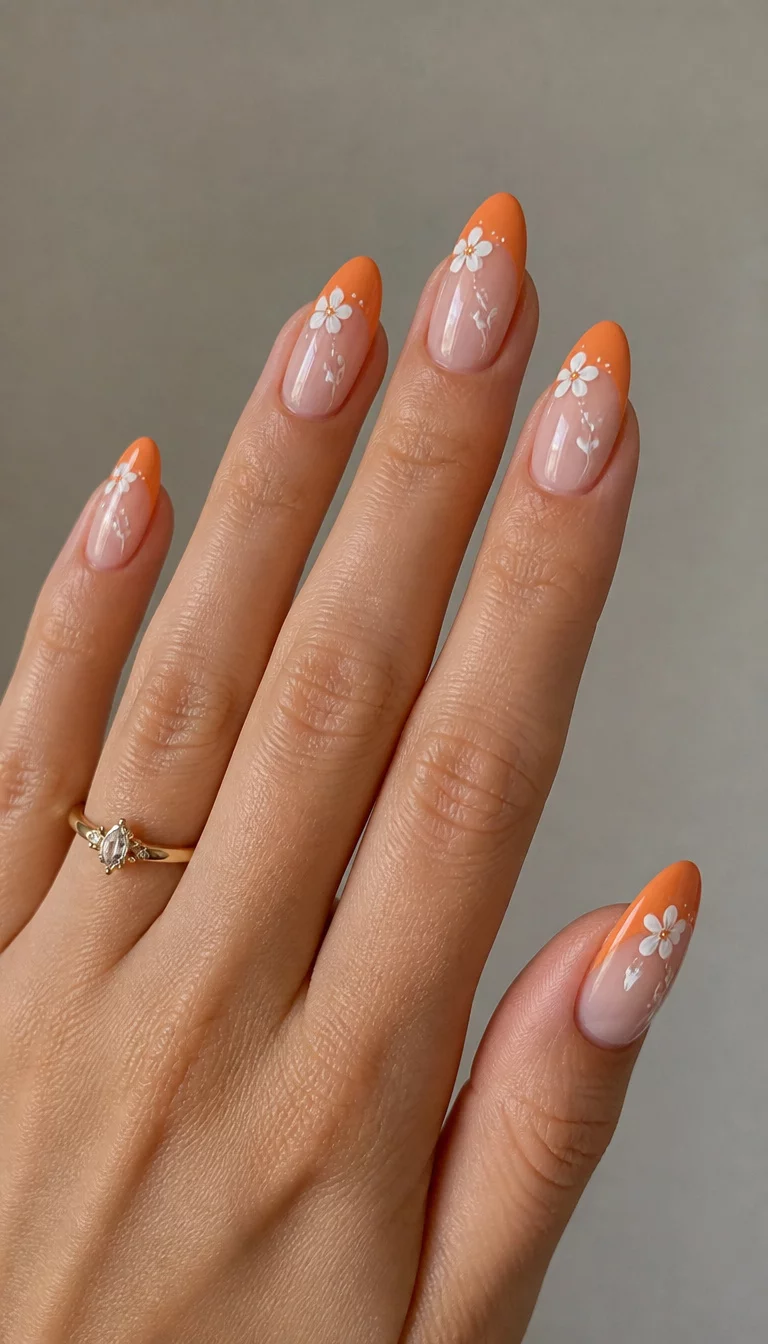 Delicate Almond Flowers close-up shot of a woman’s hand with five fingers showing nails with almond shaped nails with an orange French tip and a delicate white flower design, against a neutral background.