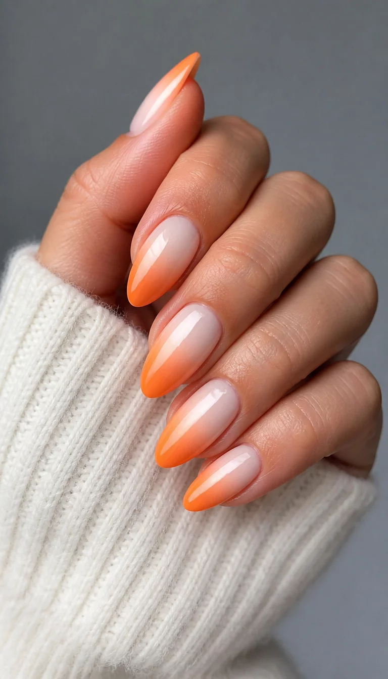 Cozy Summer Ombre close-up shot of a woman’s hand with five fingers showing nails with almond shaped nails with an orange and white ombre effect, set against a grey background and a white sweater.