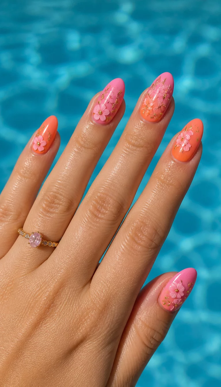 Poolside Gradient Dreams close-up shot of a woman’s hand with five fingers showing nails with almond shaped nails featuring a pink and orange gradient with floral embellishments, held against a blurred blue pool background.