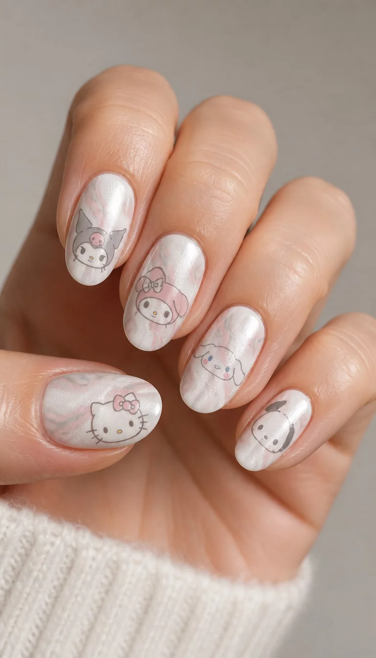 close-up shot of a woman’s hand with five fingers showing pearly white nails with subtle pink and grey marbling and character faces, soft neutral background.