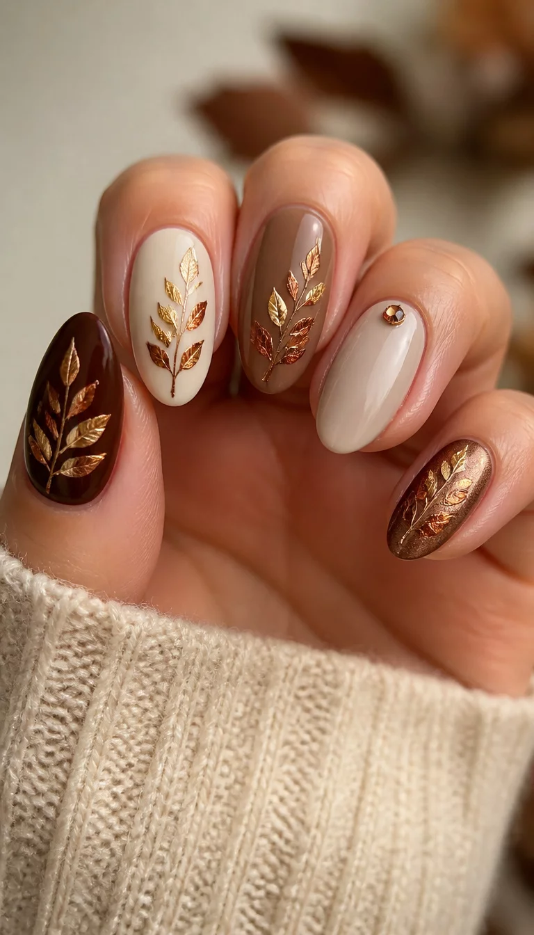 close-up shot of a woman’s hand with five fingers showing almond and oval nails in brown, cream, and neutral shades adorned with metallic fall leaves and a single rhinestone accent.