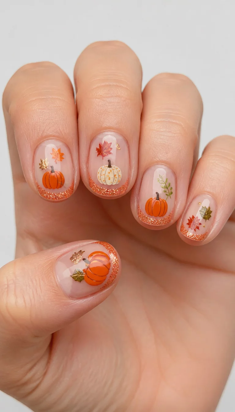 close-up shot of a woman’s hand with five fingers showing short, natural-looking nails with glittery orange tips and clear polish, embellished with various pumpkin and leaf nail stickers, clear background.