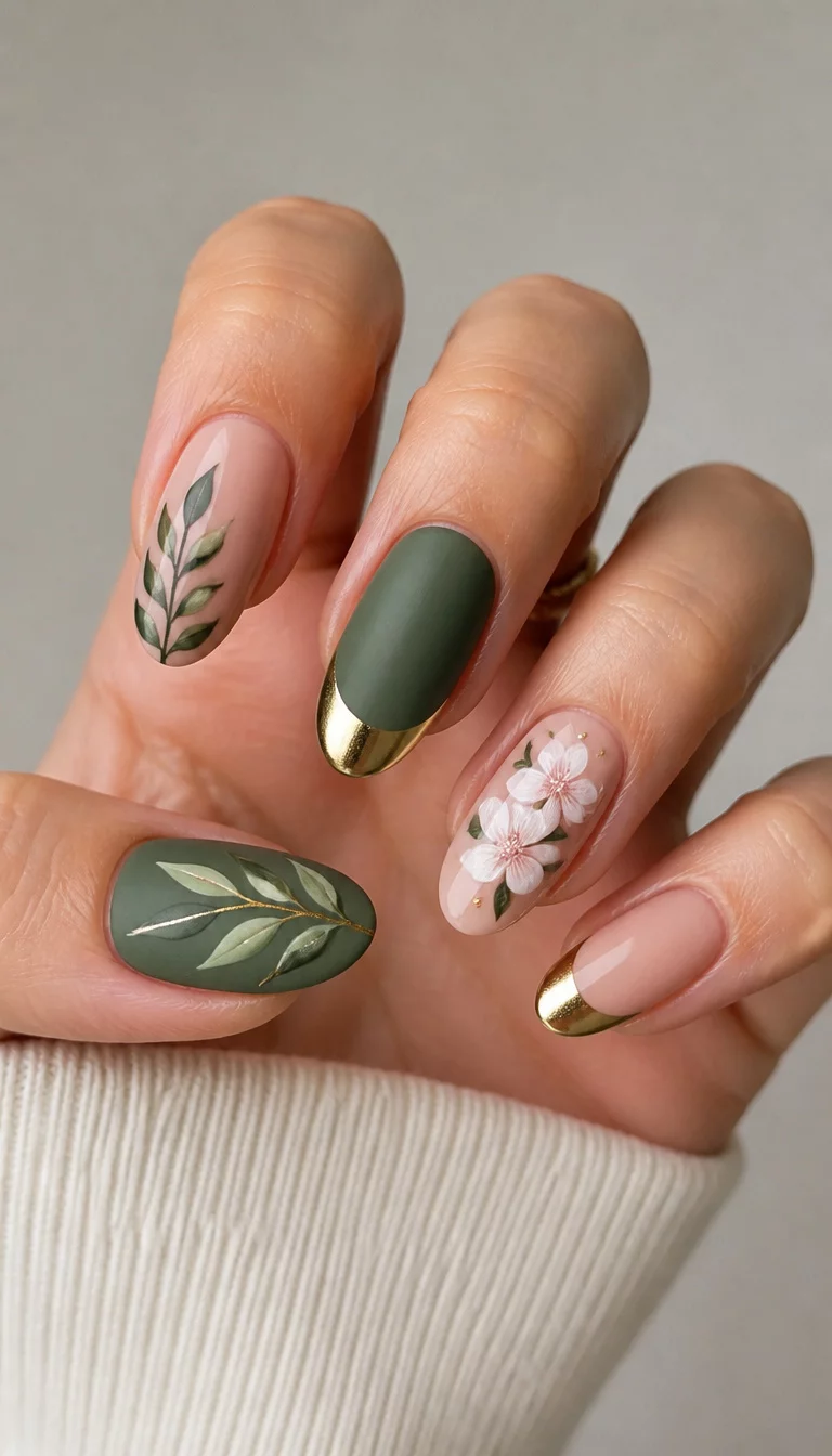 close-up shot of a woman’s hand with five fingers showing a variety of designs including matte green with leaves, gold tips, and floral accents, neutral studio background.