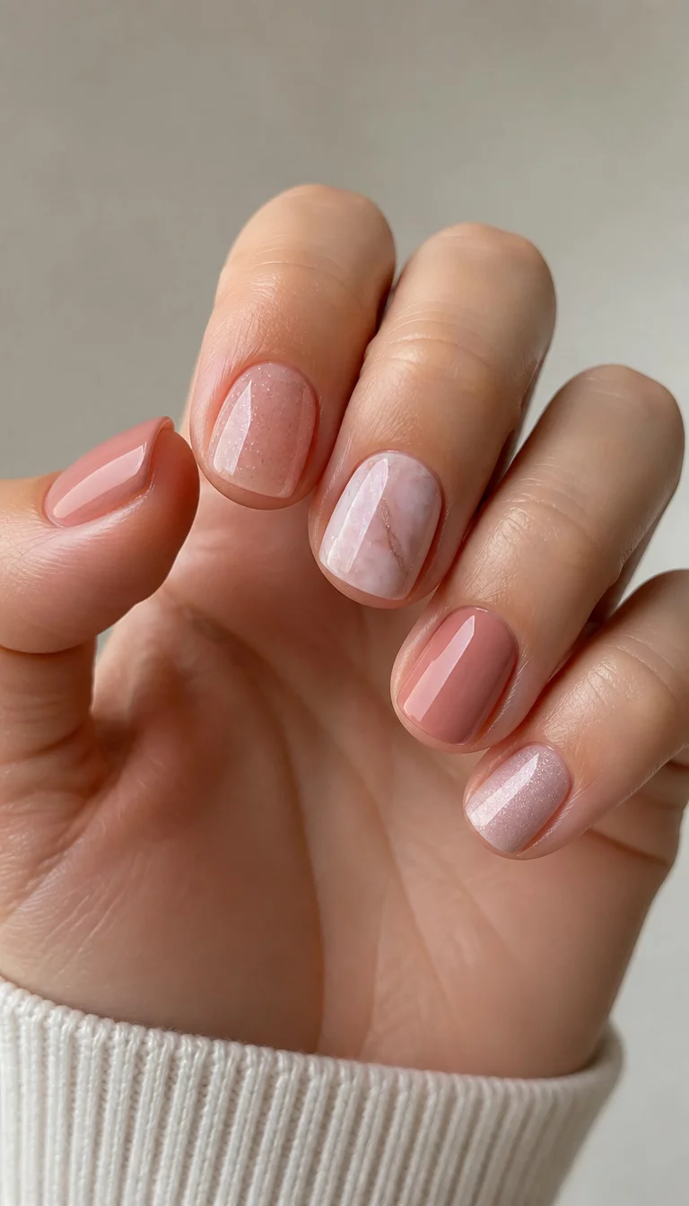 close-up shot of a woman’s hand with five fingers showing short, neutral and pink-toned nails with subtle sparkly, marble, and solid finishes, soft neutral studio background.