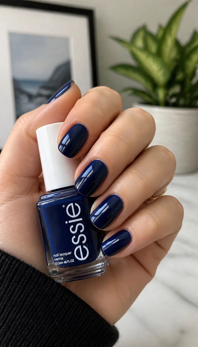 close-up shot of a woman’s hand with five fingers showing glossy dark blue nails holding a bottle of matching nail polish, with a blurred picture frame and a plant in the background.