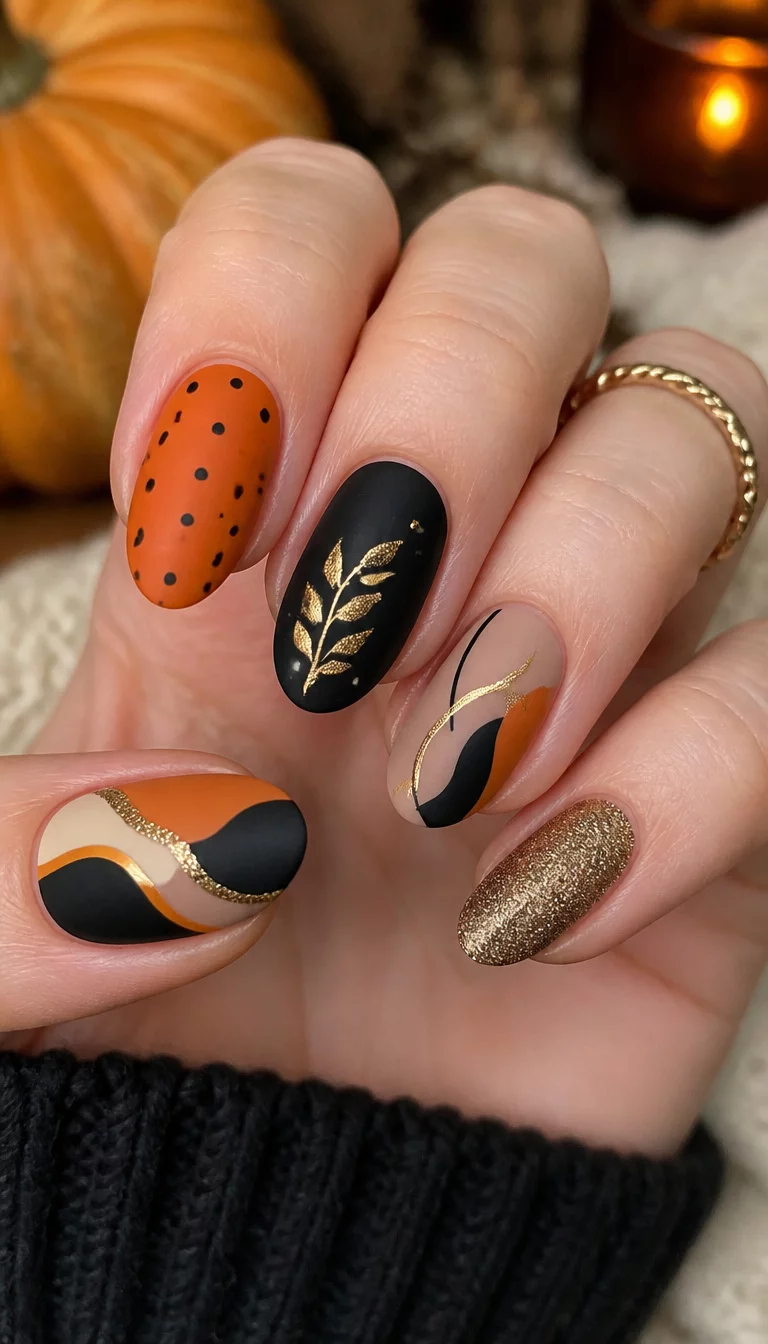 close-up shot of a woman’s hand with five fingers showing an assortment of fall nail designs including orange with black dots, matte black with gold accents, and abstract patterns.