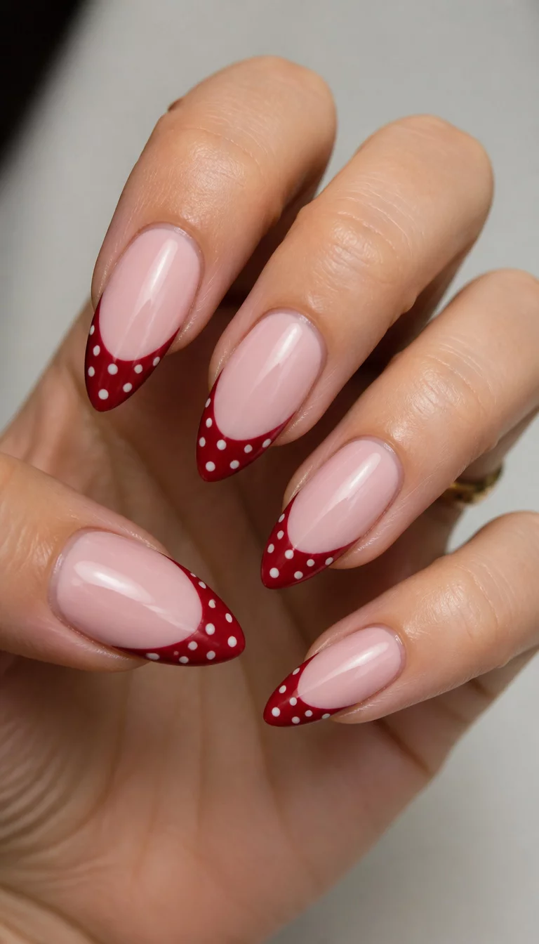 close-up shot of a woman’s hand with five fingers showing pointed almond-shaped nails with a light pink base and deep red French tips adorned with white polka dots.