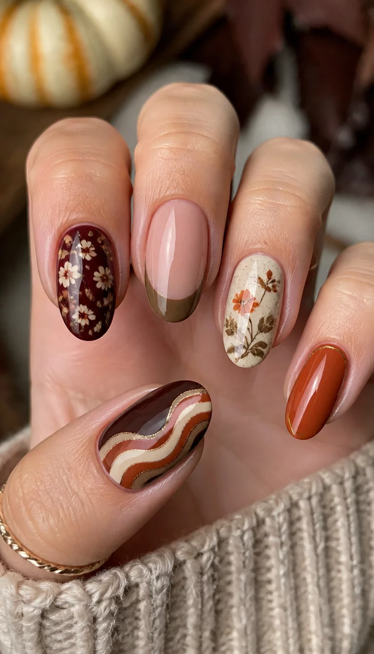 close-up shot of a woman’s hand with five fingers showing a compilation of trendy fall nail ideas including floral patterns, French tips, and abstract designs in various autumn shades.