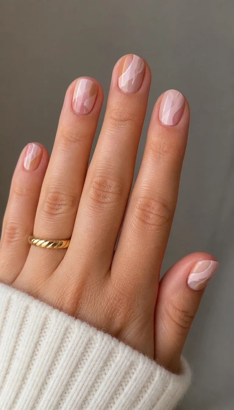 close-up shot of a woman’s hand with five fingers showing short rounded nails with a soft pink and neutral tan palette and abstract wavy line designs, with a gold ring on a finger.