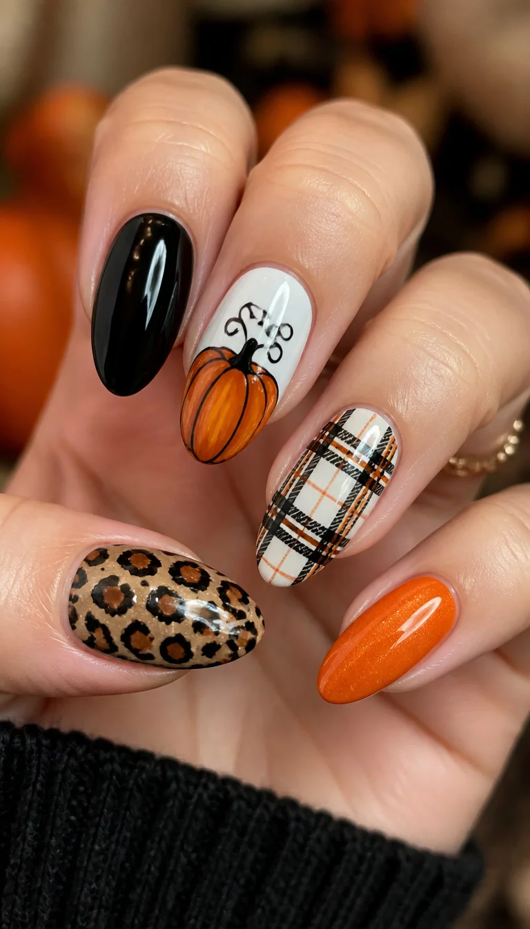 close-up shot of a woman’s hand with five fingers showing oval and almond nails with a mix of black, white, orange pumpkin, plaid, and leopard print designs.