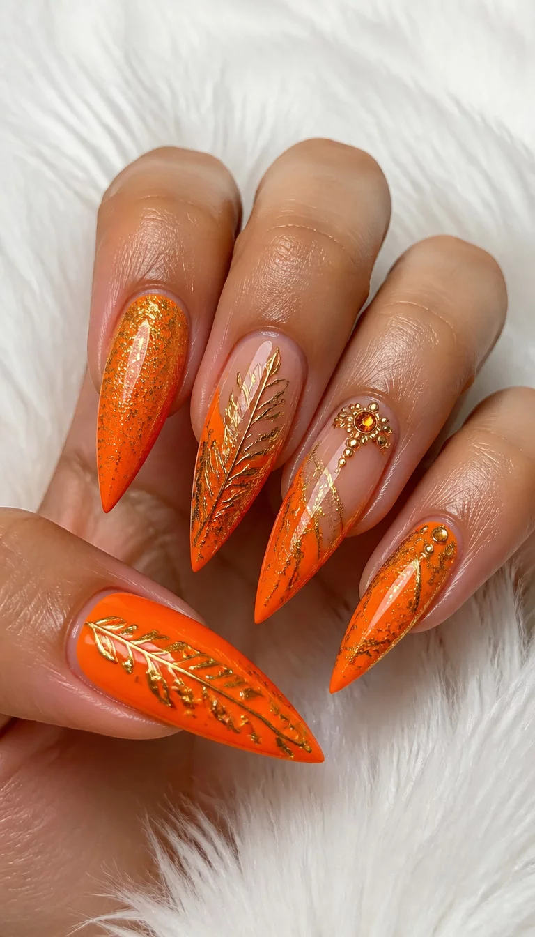 close-up shot of a woman’s hand with five fingers showing stiletto nails in bright orange adorned with gold glitter, abstract leaf designs, and gold embellishments, white fluffy surface background.