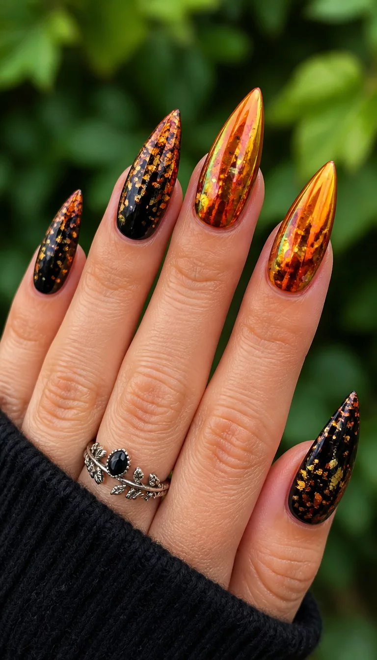 close-up shot of a woman’s hand with five fingers showing long, stiletto-shaped nails in black and iridescent orange, adorned with chunky glitter resembling autumn leaves, blurred green foliage background.