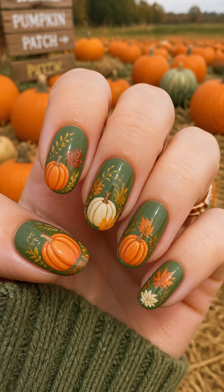 close-up shot of a woman’s hand with five fingers showing oval nails painted with a green base and featuring pumpkin and autumn leaf designs with a pumpkin patch background.