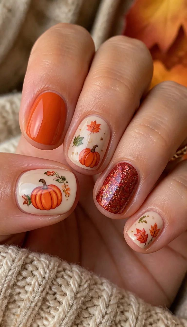 close-up shot of a woman’s hand with five fingers showing short natural-toned nails with pumpkin and leaf nail art along with solid orange and glittery red polish.