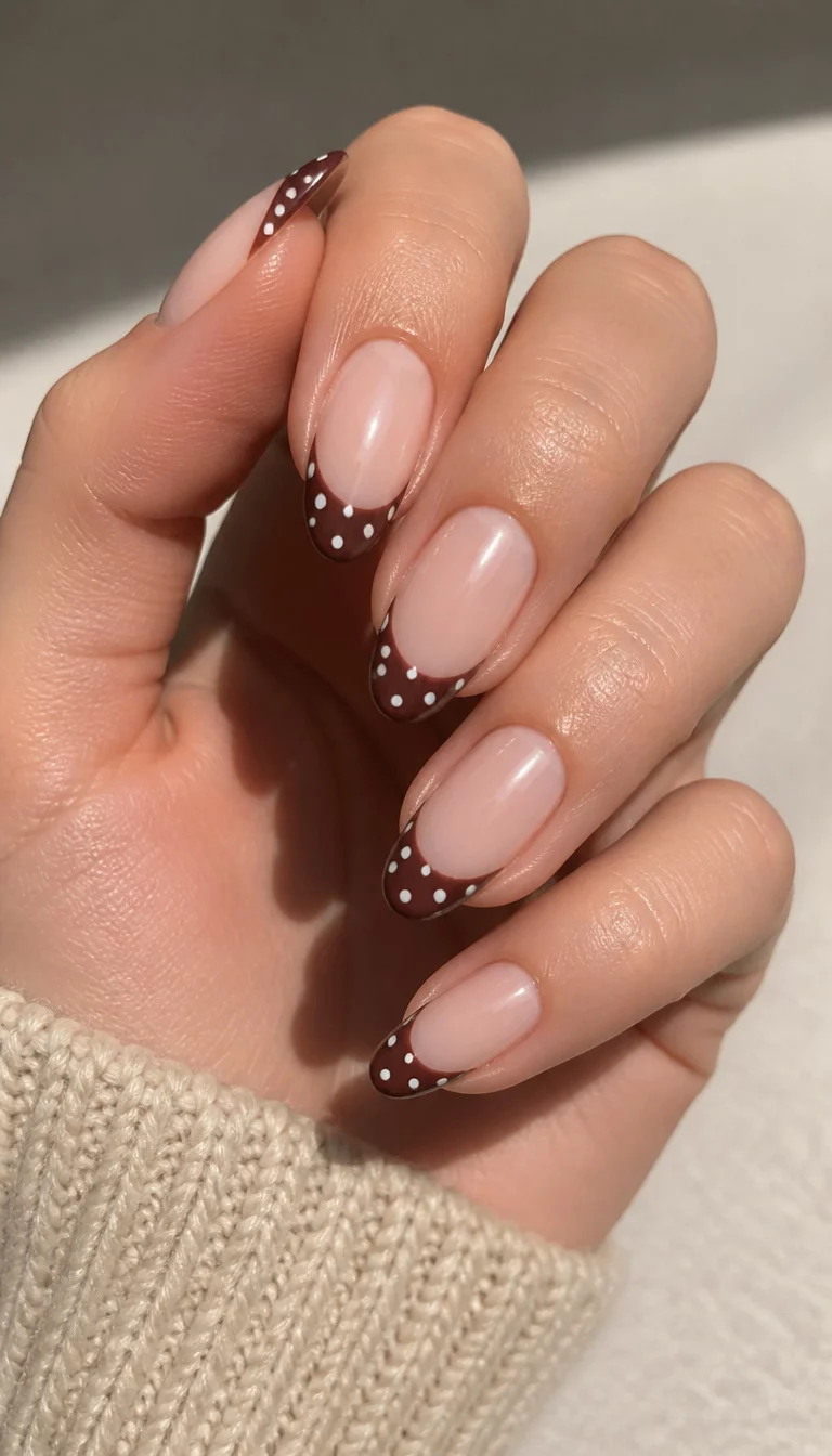 close-up shot of a woman’s hand with five fingers showing almond-shaped nails with a natural base and dark brown French tips decorated with tiny white polka dots.