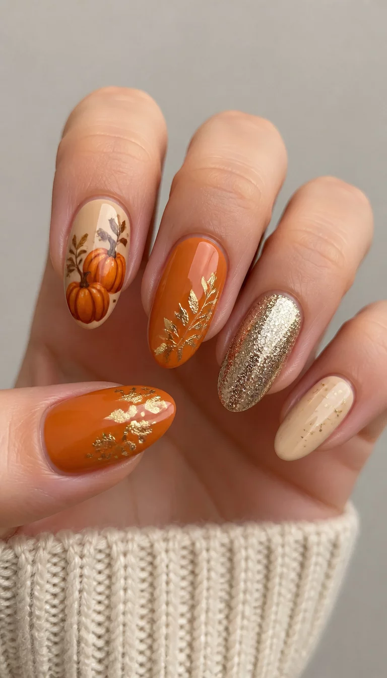 close-up shot of a woman’s hand with five fingers showing almond-shaped nails in various shades of orange and beige, with designs including pumpkins, gold leaf accents, and gold glitter, neutral background.