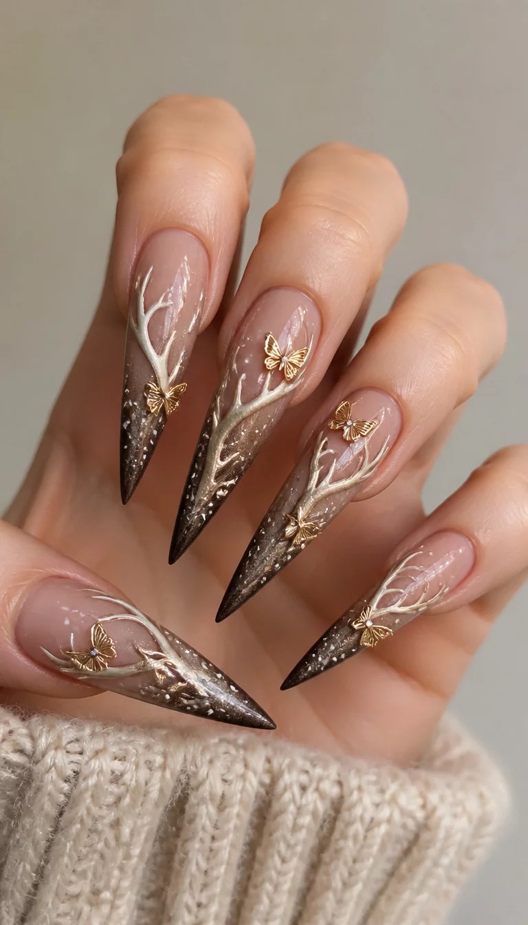close-up shot of a woman’s hand with five fingers showing very long, stiletto-shaped nails with a deer-antler pattern, gradient effects, and delicate butterfly embellishments, soft neutral background.
