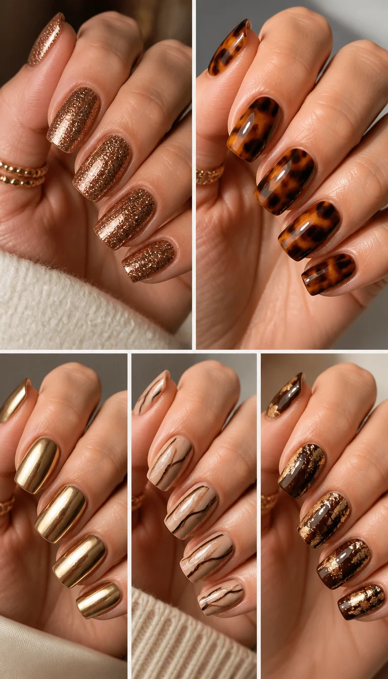 close-up shot of a woman’s hand with five fingers showing various dip powder fall nail designs including glittery bronze, tortoiseshell, metallic gold, and abstract lines in a collage.