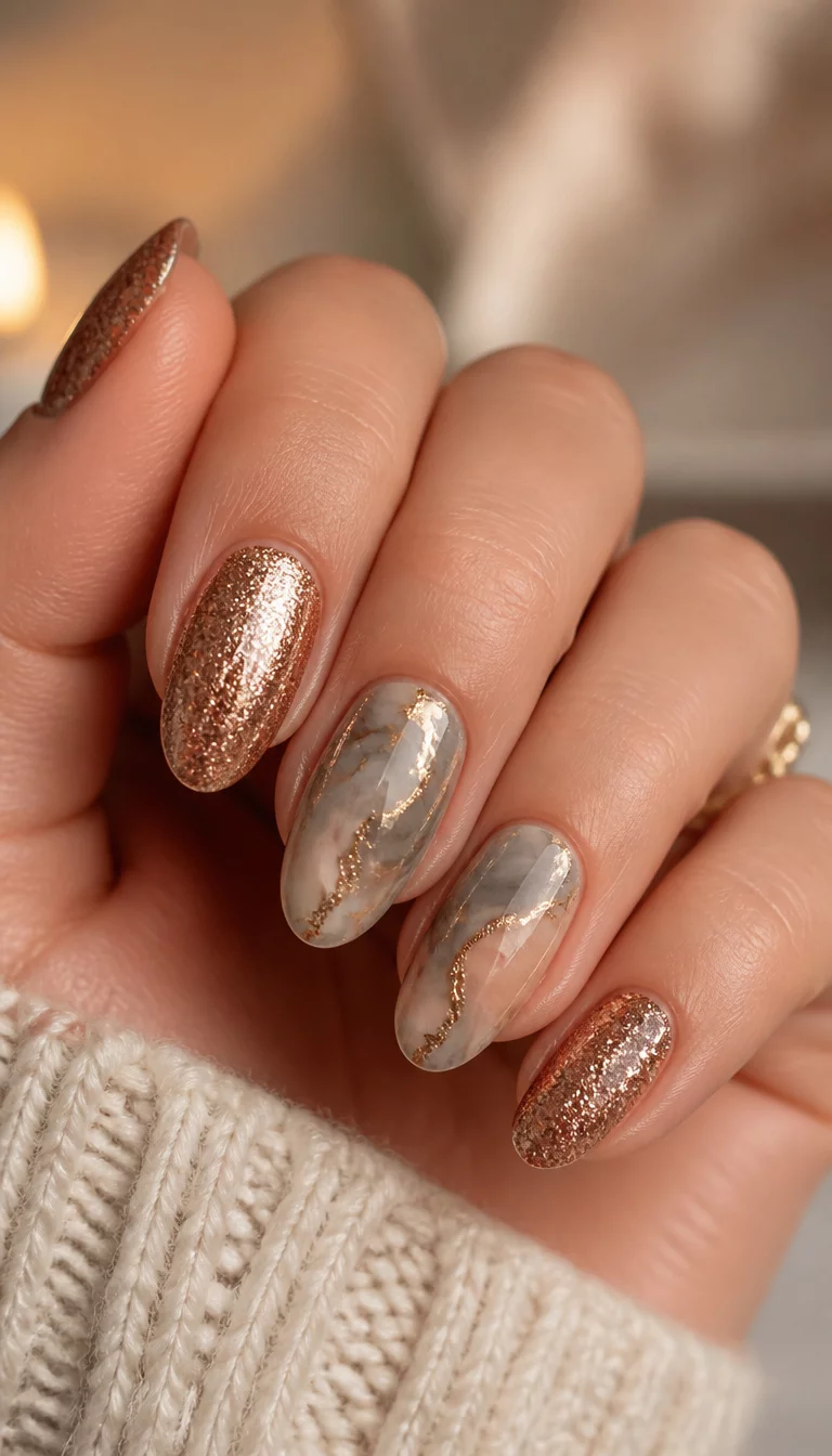 close-up shot of a woman’s hand with five fingers showing oval nails in a warm, coppery bronze color with a glitter finish, and a grey and beige marble design with gold accents, soft lighting background.