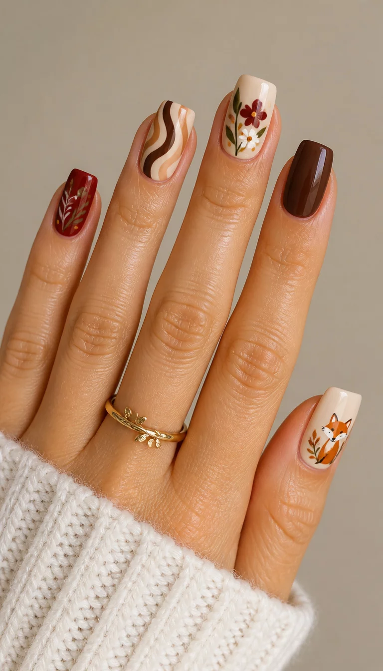 close-up shot of a woman’s hand with five fingers showing a variety of designs including red nails with leaves, wavy brown on beige, and square nails with floral and foxy designs, neutral background.