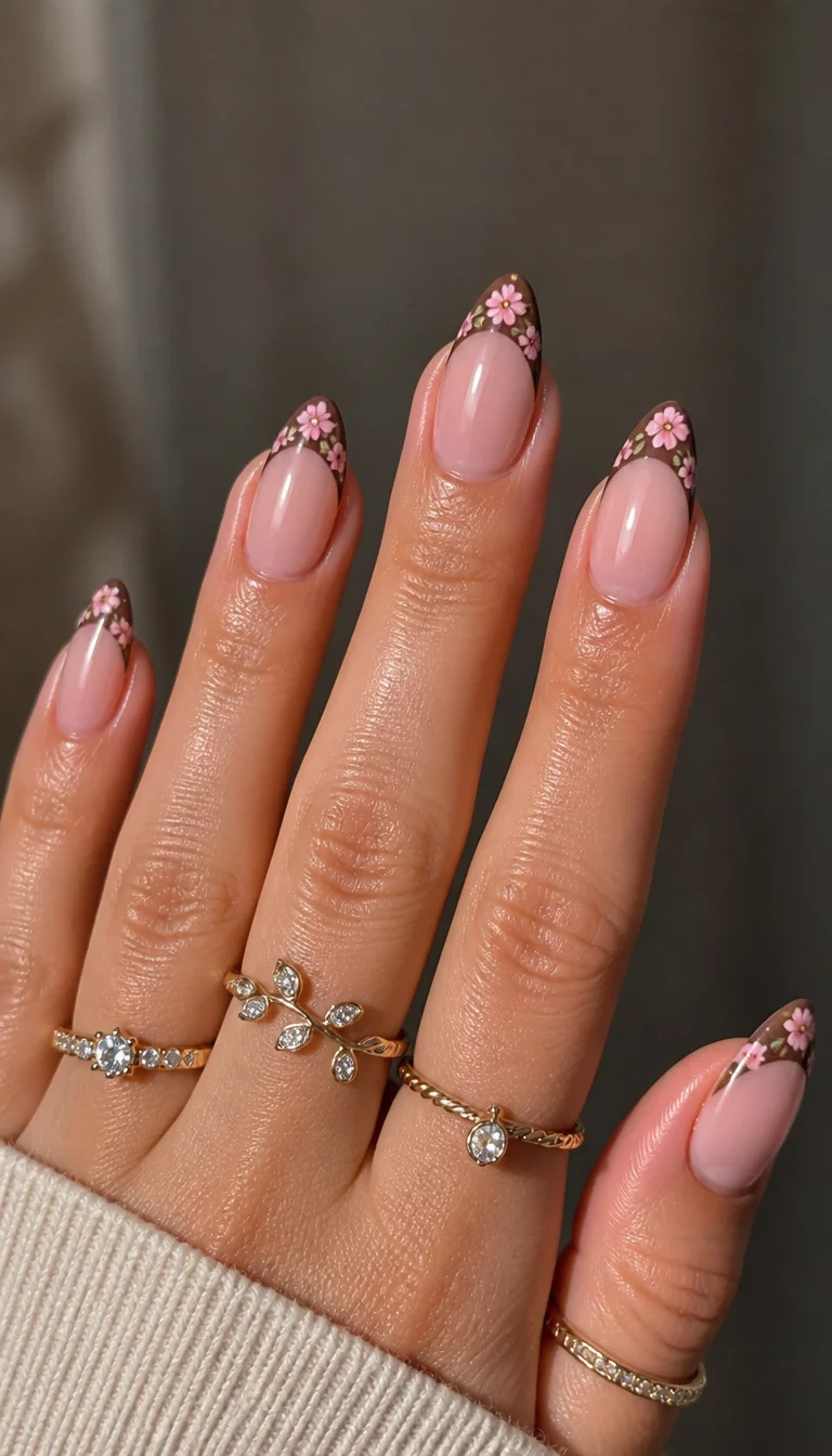 close-up shot of a woman’s hand with five fingers showing almond-shaped nails with a French tip featuring a brown base and delicate pink flowers, multiple rings on fingers background.
