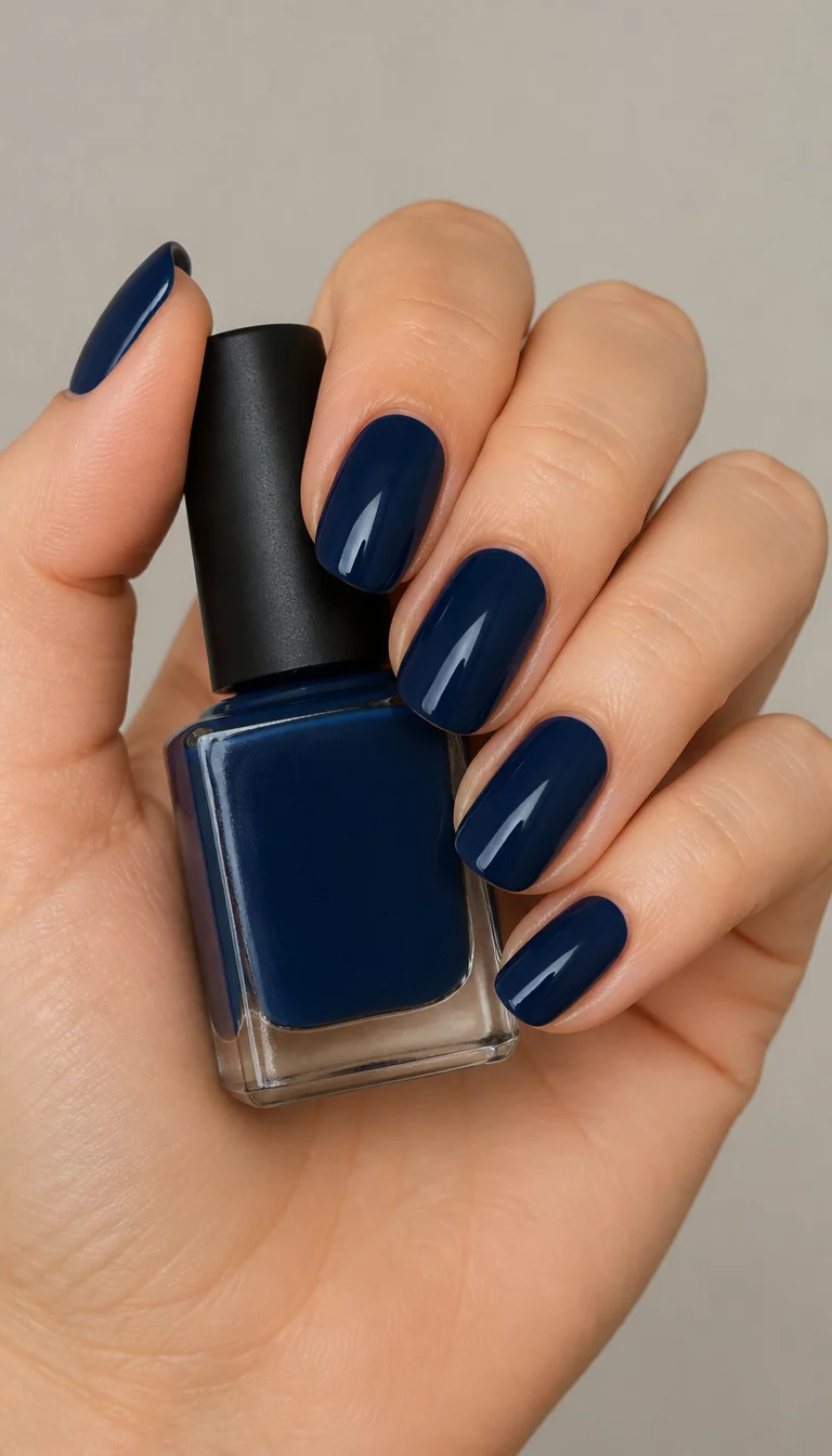 close-up shot of a woman’s hand with five fingers showing dark navy blue lacquer on natural nails, hand holding a navy blue nail polish bottle, neutral background.