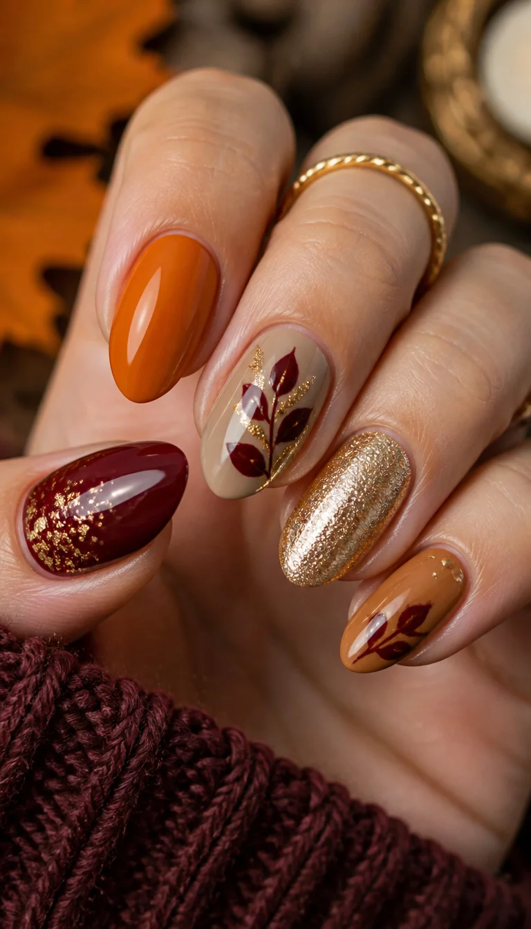 close-up shot of a woman’s hand with five fingers showing almond-shaped nails with a combination of burgundy, orange, and tan polish, featuring burgundy leaf accents and gold glitter.